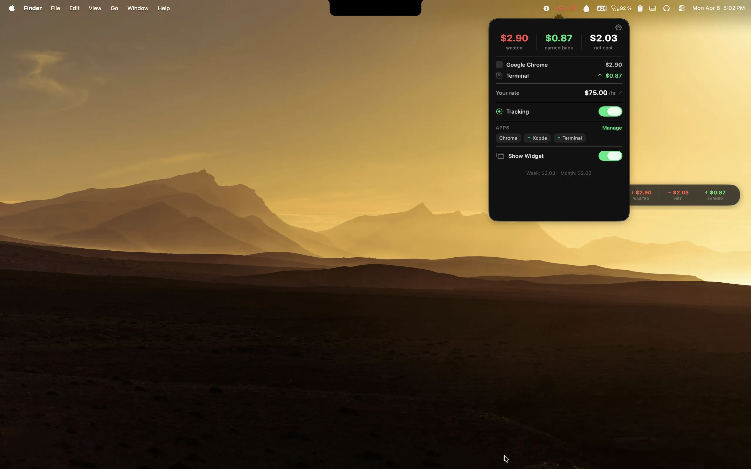 Spent menubar popover showing live cost tracking for Chrome and Terminal