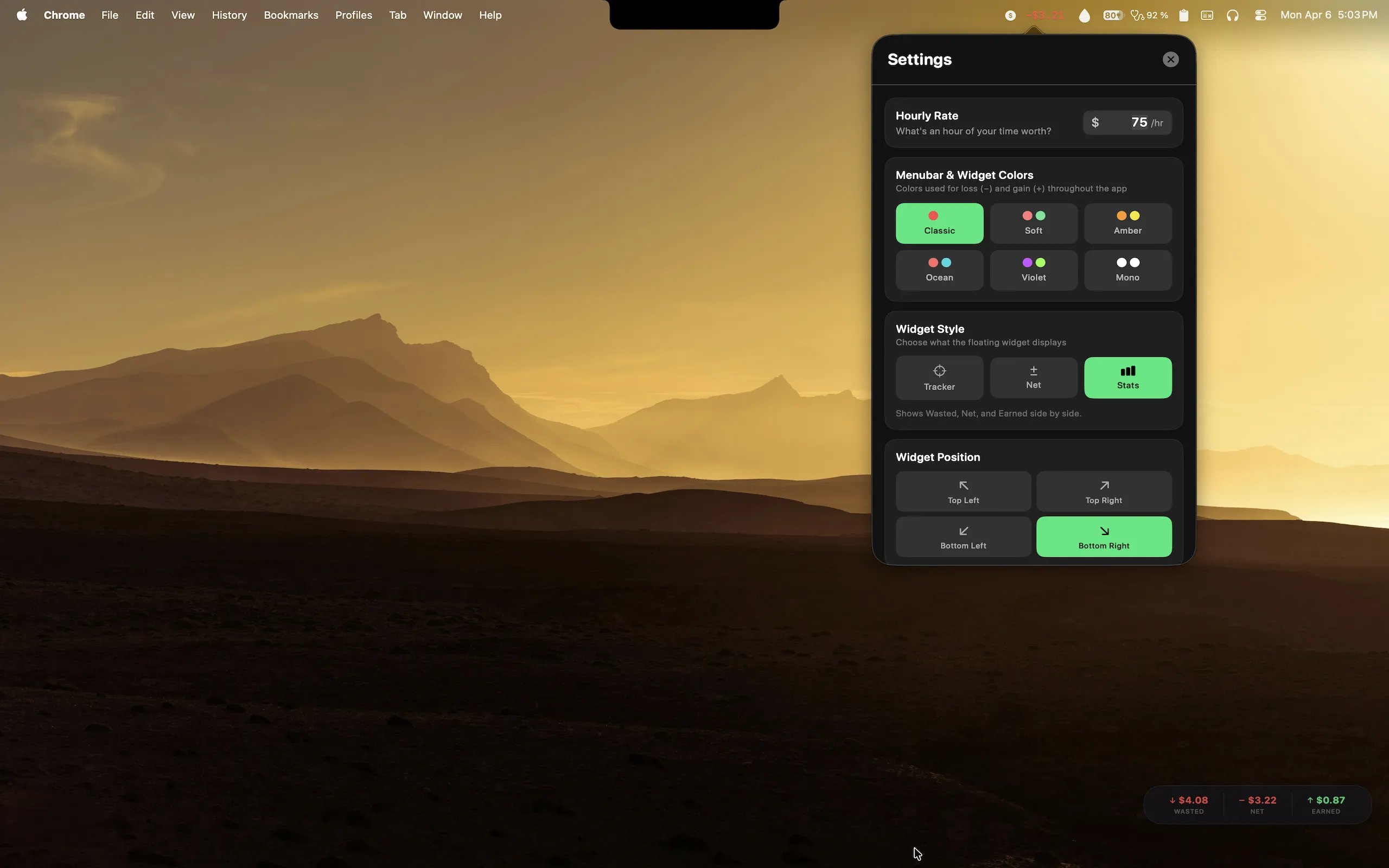 Spent settings: six color themes, widget style and position