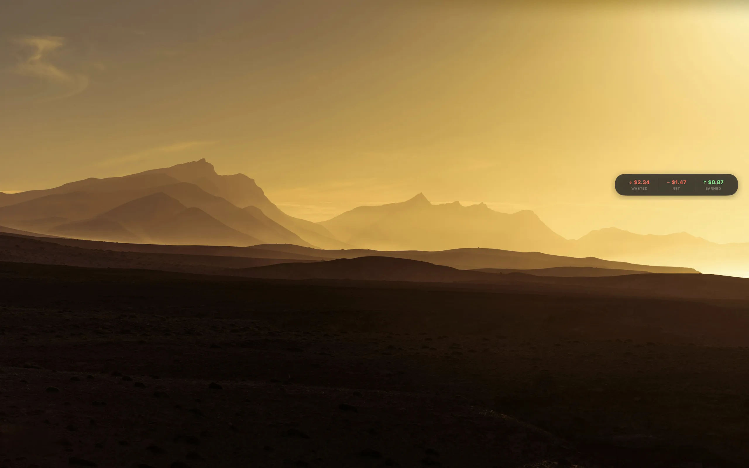 Stats widget, three-column dashboard showing wasted, earned, and net